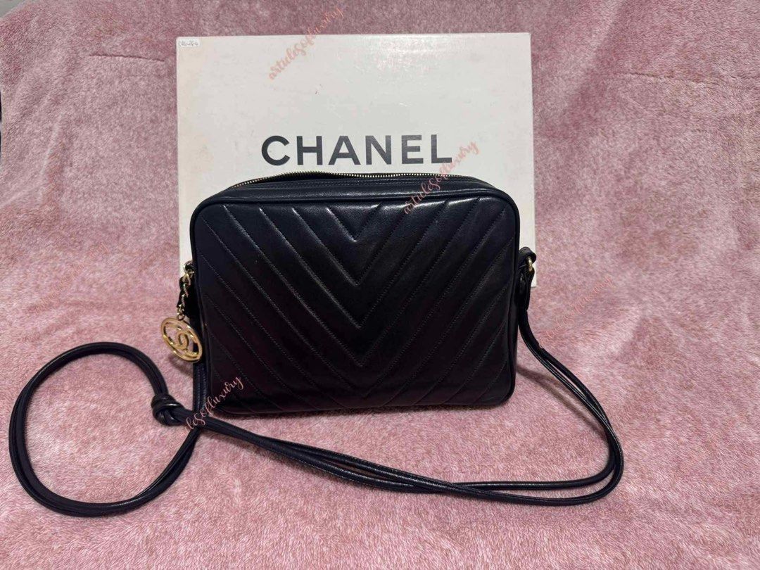 Vintage Chanel Camera Bag (Category: Luxury Bags & Wallets) located in Manila. Submitted by finestfinds (Listing ID 1361819337, Image 1). Description: Chanel Vintage Camera Bag in V-Stitch design Black Lambskin Leather Gold Hardware #luvearth Holo intact With box, no card Vintage condition 7/10 *pls manage expectations when buying vintage items.