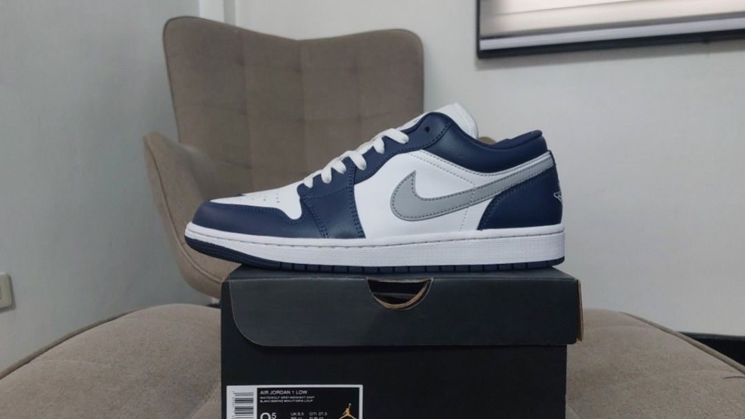 Air Jordan 1 Low Midnight Navy (Category: Sneakers) located in Quezon City. Submitted by cisnarf (Listing ID 1361374623, Image 1). Description: - Bought from Footlocker U.P. Town Center. -Compllete with receipt. -Left pair laced. -Product Code 553558-141.