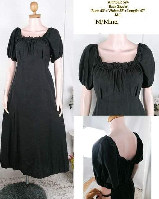 Black puff sleeves maxi dress (Category: Dresses) located in Cainta. Submitted by mitakashiii (Listing ID 1360975070, Image 1). Description: Black puff sleeves maxi dress M-L With tie at the back 📍Cainta rizal Pm for more details .
