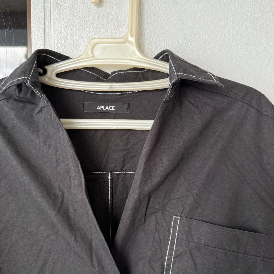 Black Shirt Dress (Category: Dresses) located in Makati City. Submitted by avlca (Listing ID 1362037282, Image 2). Description: Aplace - oversized shirt dress - longsleeves - white topstitch RFS: decluttering.