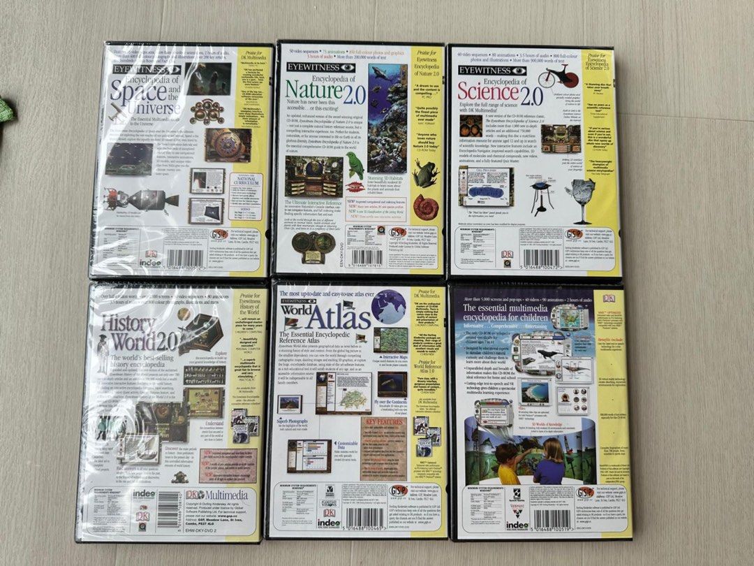EYEWITNESS REFERENCE PACK PC CD-ROM (Category: Storybooks) located in Singapore. Submitted by joeltp (Listing ID 1362024902, Image 3). Description: Selling the following in 1 complete set of EYEWITNESS PC CD-ROM: 1) Encyclopedia of Space and the Universe. 2) Encyclopedia of Nature. 3) Encyclopedia of Science. 4) History of the World. 5) World Atlas. 6) Children’s Encyclopedia. Condition : Brand new in box. Self collection at Ang Mo Kio Ave 6, bus