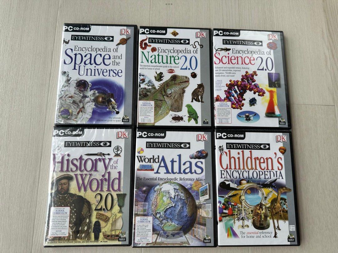 EYEWITNESS REFERENCE PACK PC CD-ROM (Category: Storybooks) located in Singapore. Submitted by joeltp (Listing ID 1362024902, Image 2). Description: Selling the following in 1 complete set of EYEWITNESS PC CD-ROM: 1) Encyclopedia of Space and the Universe. 2) Encyclopedia of Nature. 3) Encyclopedia of Science. 4) History of the World. 5) World Atlas. 6) Children’s Encyclopedia. Condition : Brand new in box. Self collection at Ang Mo Kio Ave 6, bus