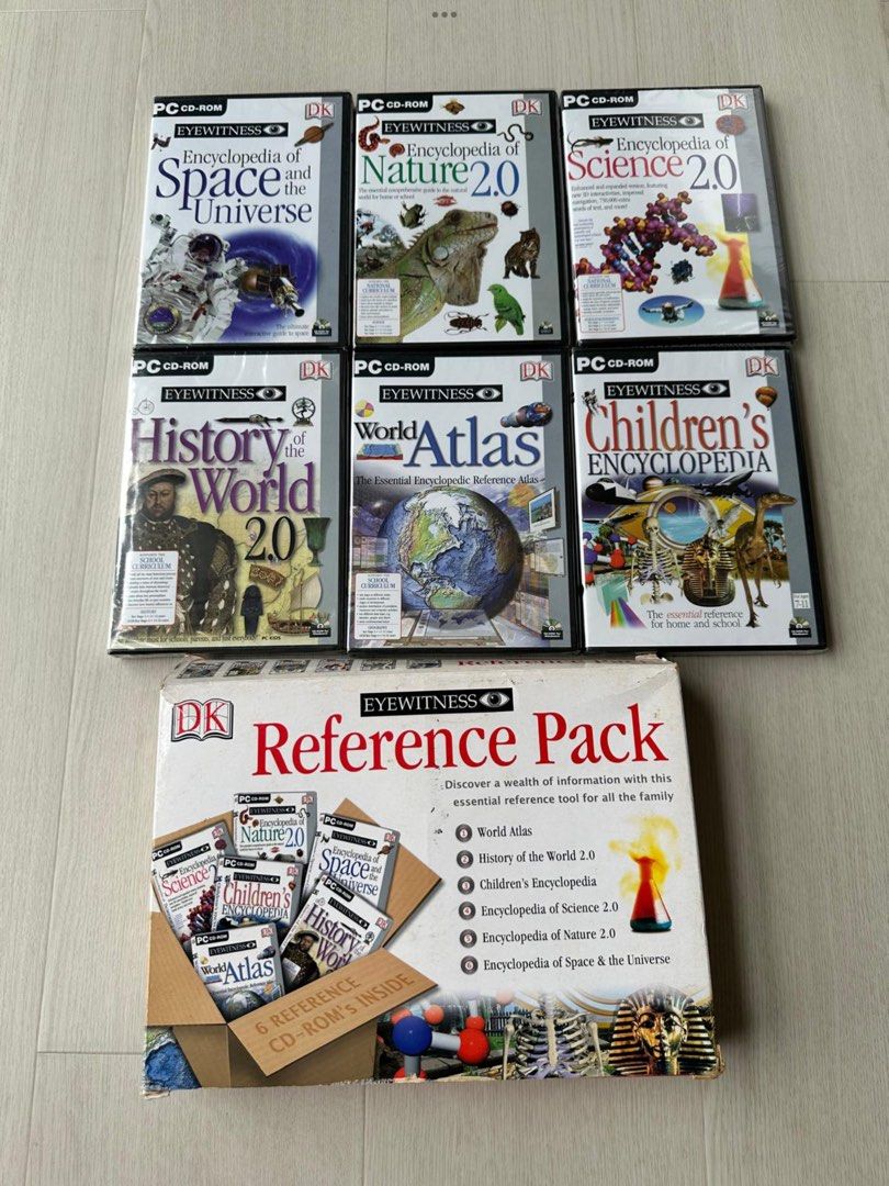 EYEWITNESS REFERENCE PACK PC CD-ROM (Category: Storybooks) located in Singapore. Submitted by joeltp (Listing ID 1362024902, Image 1). Description: Selling the following in 1 complete set of EYEWITNESS PC CD-ROM: 1) Encyclopedia of Space and the Universe. 2) Encyclopedia of Nature. 3) Encyclopedia of Science. 4) History of the World. 5) World Atlas. 6) Children’s Encyclopedia. Condition : Brand new in box. Self collection at Ang Mo Kio Ave 6, bus