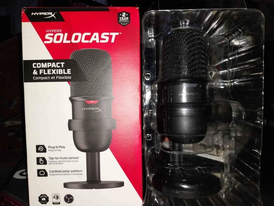 HyperX Solocast (Category: Microphones) located in Caloocan City. Submitted by johnpaulpa64111 (Listing ID 1362041721, Image 1). Description: Plug n play (di need ng app) Tap-to-mute sensor Cardioid polar pattern Type c cable May sariling mic stand (di nagamit kasi may boom arm setup ako) Mint condition Walang scratches or anything Ginamit lang for gaming Hindi nilaspag No issues W/ box RFS: May nabiling bagong headset, di ko na need yung mic.