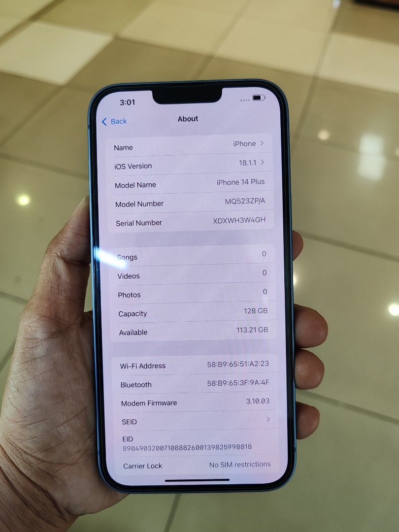 Iphone 14Plus 128 Preloved/Factory unlock (Category: iPhone 14 Series) located in Quezon City. Submitted by ronalynac40976 (Listing ID 1362022500, Image 3). Description: Iphone 14plus 128 97% battery health good condition With case, glass, cord Pick up store in greenhills We accept COP/COP via lbc w/DP We accept swap/trade in We accept ggives & spaylater+% Dm or call for fast transaction 09425544556/09279500069 Located @ Aquarium area stall no. Y