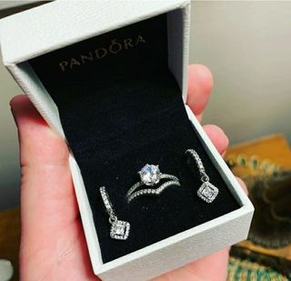 PANDORA - HOOP SQUARE ELEGANCE EARRINGS - 1500/ SPARKLING CROWN AND WISHBONE RING STACKABLE - 1900