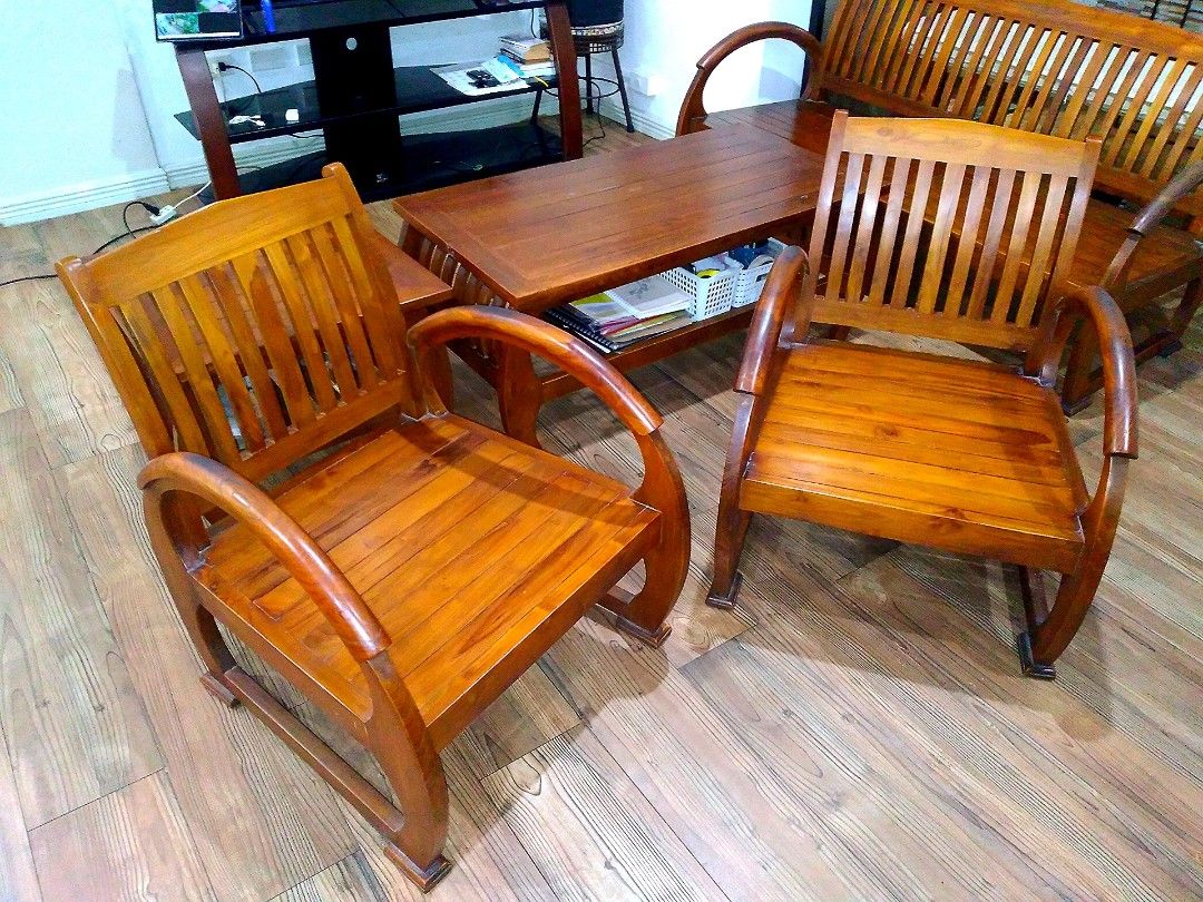 SOLID WOOD SOFA SET / SALA SET (Category: Sofas) located in Quezon City. Submitted by dekks_sulit (Listing ID 1361990747, Image 3). Description: HANDCRAFTED SOLID TEAK WOOD SOFA SET 1 3 SEATER 2 1 SEATER 1 COFFEE TABLE/CENTER TABLE 1 SIDE TABLE USED / PRELOVED.