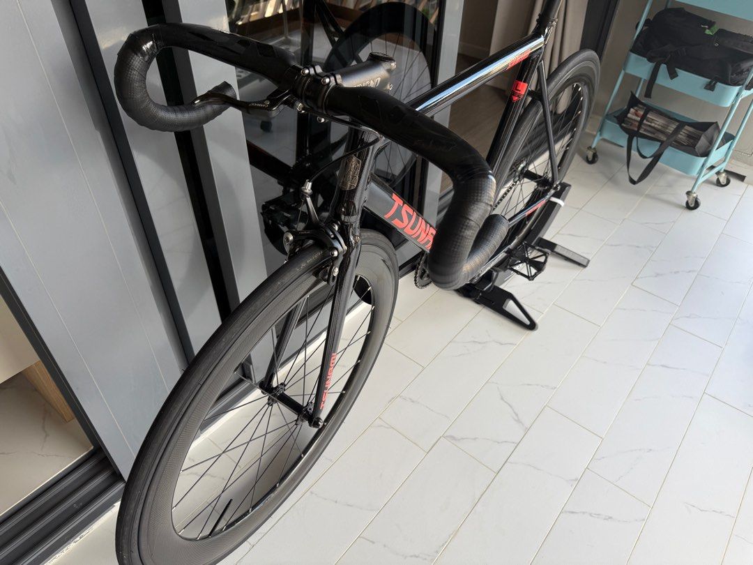 Tsunami bicycle (Category: Bicycles) located in Singapore. Submitted by b64dqp6xmv (Listing ID 1362021620, Image 1). Description: After assembly and bought, found that fixie is very difficult to ride because of poor stamina and weak legs. Can’t ride for long. Frameset: Black Pink Tsunami SNM Frameset Rims (for wheels) Carbon Wheelset 60mm Glossy 3K Finish Hubs (for wheels): Polso Fixed Gear Female Axle Hubs Spokes (for wheels): Pillar rounded spo