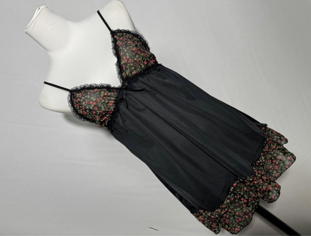 vintage cute cherry lace sheer slip dress, Women's Fashion, Dresses