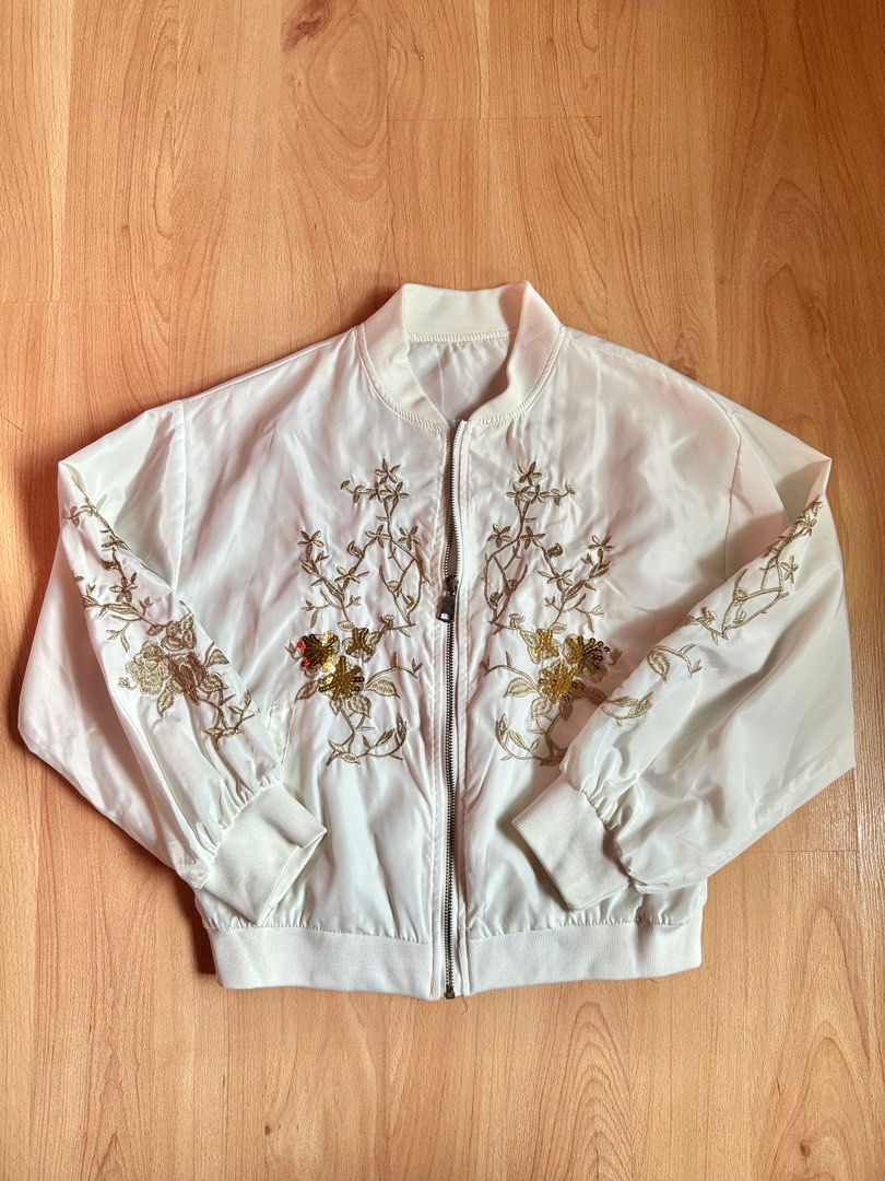 White Gold Tile Marble Women's Bomber Jacket