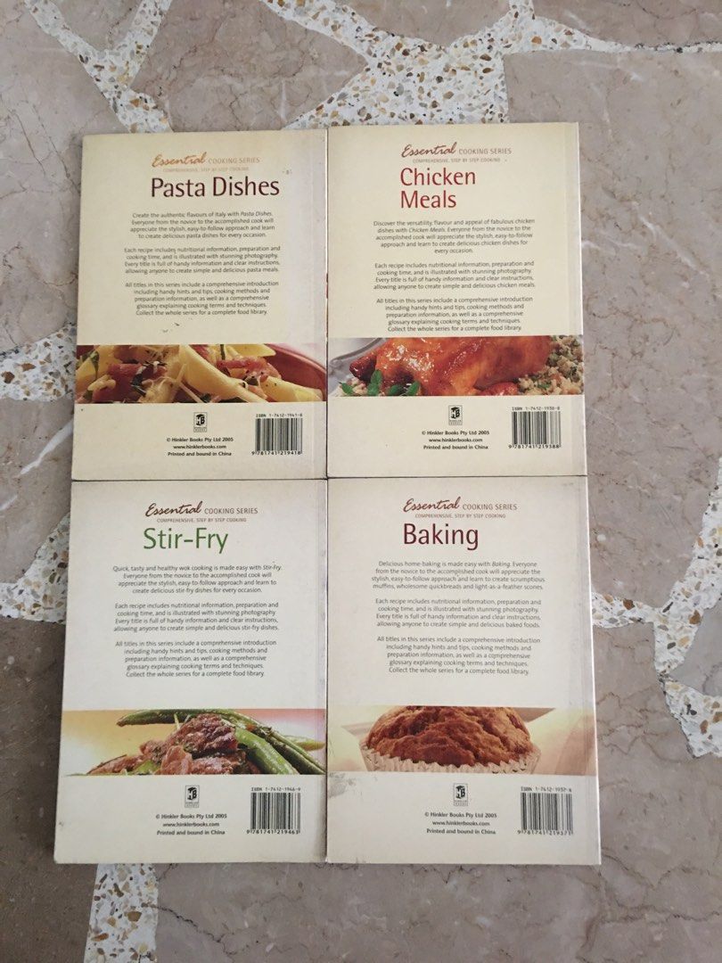 4 pcs Essential Cooking Series Cookbooks (Category: Cookware & Accessories) located in San Juan City. Submitted by dquad.dquad (Listing ID 1362139063, Image 2). Description: 4 pcs Essential Cooking Series Cookbooks Chicken Meals Pasta Dishes Stir-Fry Baking Good for beginners. No issues. Php 300 - take all Location: Near Scout Area. Bgy Roxas District, Quezon City.