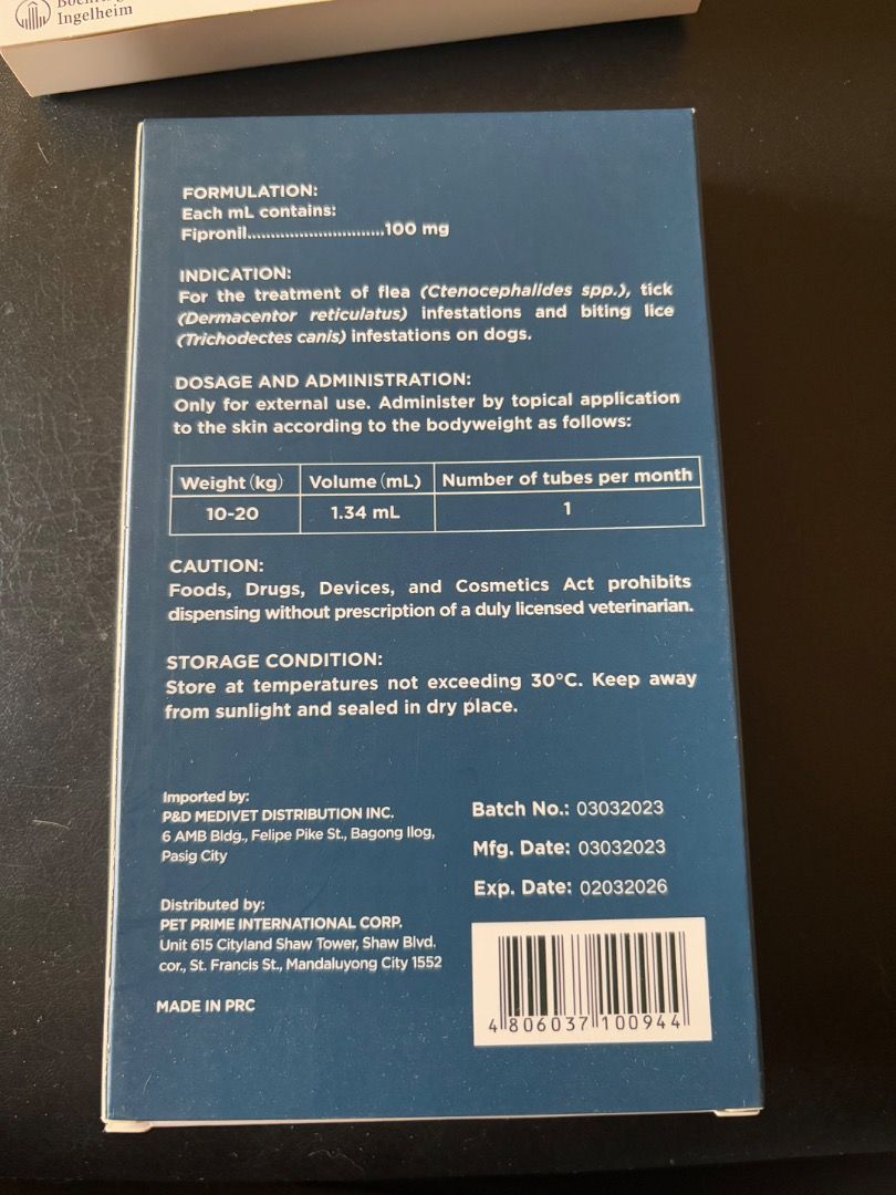 B1T1 Spot-on Solution for Big Dogs (Category: Health & Grooming) located in Pasig City. Submitted by lbckdavid (Listing ID 1362153617, Image 2). Description: Fipronil Spot-On Solution for Big Dogs Brandnew 3 tubes each Box RFS: Gift from a friend working in a Pet store. Hindi nagamit because medium size lang mga fur babies namin. *Special Delight - exp date 2026 *Fipronil + - exp 12/2024 ( pwede pa daw gamitin up to 6 mos, pero it is up to you po