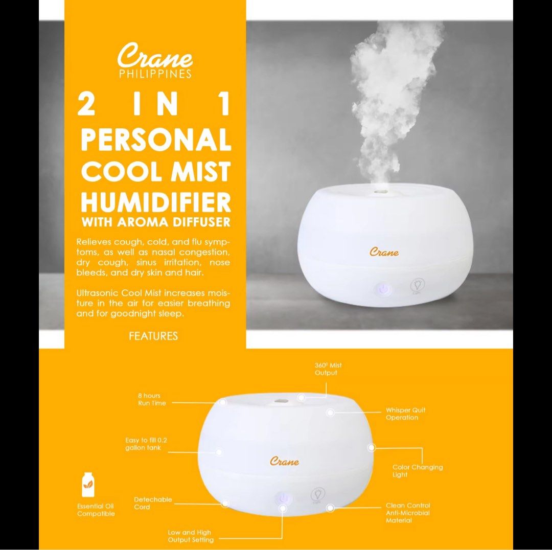 Crane Humidifier with Diffuser 2-in-1 (Category: Air Purifiers & Dehumidifiers) located in Mandaluyong City. Submitted by isellstuff30 (Listing ID 1362141960, Image 2). Description: Purchased for 3k original price. RFS: Rarely used, works perfectly. .