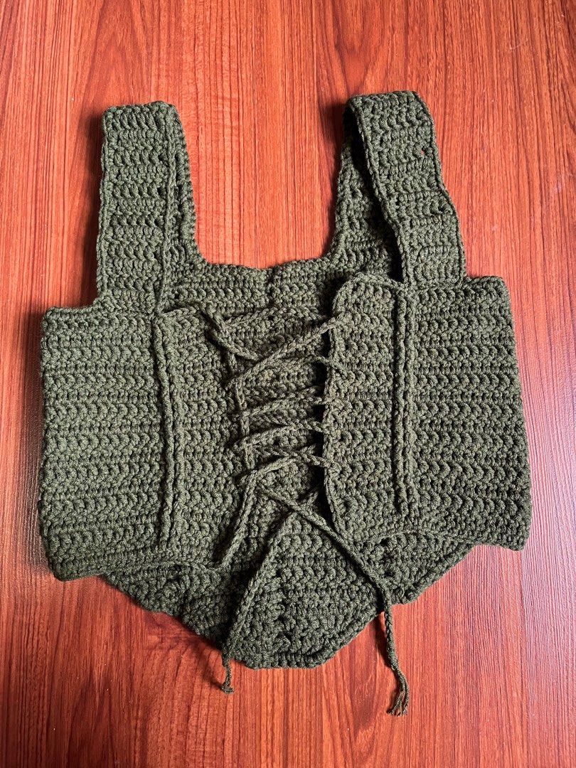 Crochet Corset Top (Category: Sleeveless) located in Quezon City. Submitted by phenlene (Listing ID 1362207112, Image 2). Description: Crochet Corset Top: - size XS to S - made with milk cotton - olive green - see last pics for sample of when worn - made from Giogi corset pattern by @skeinstudios.