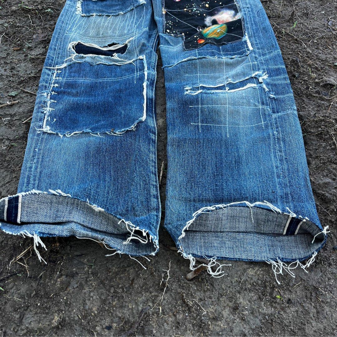 Levis Big E Patchwork Handmade (Category: Jeans) located in Tanah Merah. Submitted by luqkystrokes (Listing ID 1362278062, Image 3). Description: Vintage Levis Big E (J06) Selvedge Custom Made/Hand made Patchwork Gravity universe/Sashiko Art Work Made In Japan (J06 Button) Can Refer Detail Sizing through DM ❇️ RM750 Only ❇️ .
