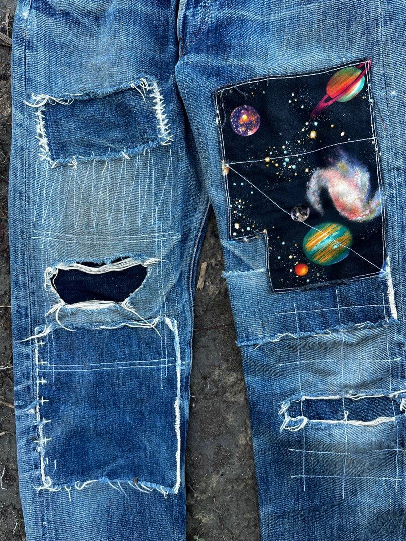 Levis Big E Patchwork Handmade (Category: Jeans) located in Tanah Merah. Submitted by luqkystrokes (Listing ID 1362278062, Image 2). Description: Vintage Levis Big E (J06) Selvedge Custom Made/Hand made Patchwork Gravity universe/Sashiko Art Work Made In Japan (J06 Button) Can Refer Detail Sizing through DM ❇️ RM750 Only ❇️ .