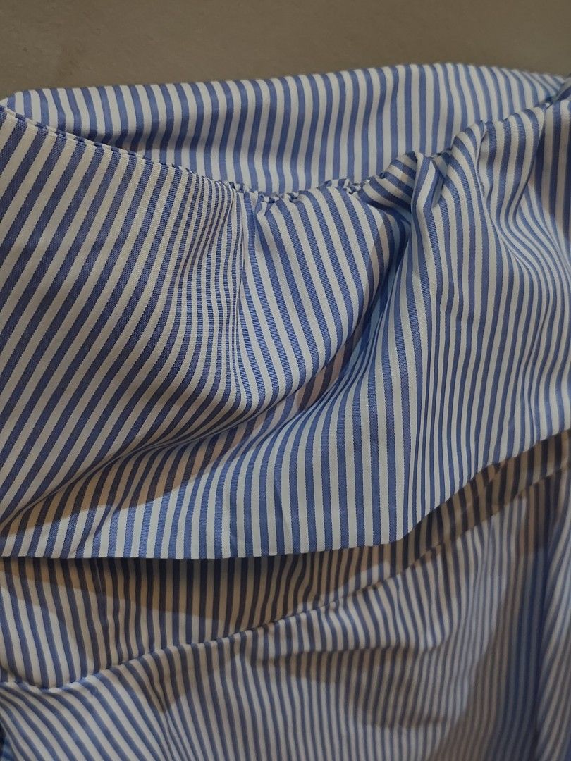 Off-Shoulder Asymmetrical Blue Striped Top (Category: Blouses) located in Manila. Submitted by pintarest (Listing ID 1362268833, Image 3). Description: Bought on Ig Just tried on Best fit medium Rfs: Flattering but too loose on me.