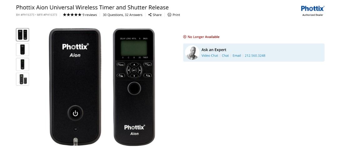 PHOTTIX Aion Wireless Timer Remote (for Canon, Nikon, Sony, FujiFilm) (used)62863090125441112