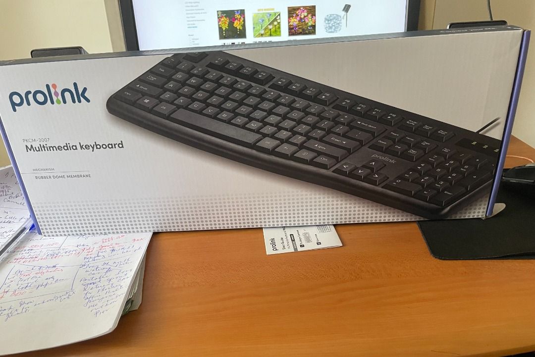 Prolink Desktop Keyboard (Category: Computer Keyboard) located in Pasig City. Submitted by didi.0514 (Listing ID 1362250179, Image 3). Description: Bought last month, with box, plastic cover, brochure, and receipt. Prolink Multimedia keyboard (PKCM-2007) - with Cord Mechanism - Rubber Dome Membrane NOTE: Bought from Office Warehouse and tested. It's functioning well. The brand is PROLINK..