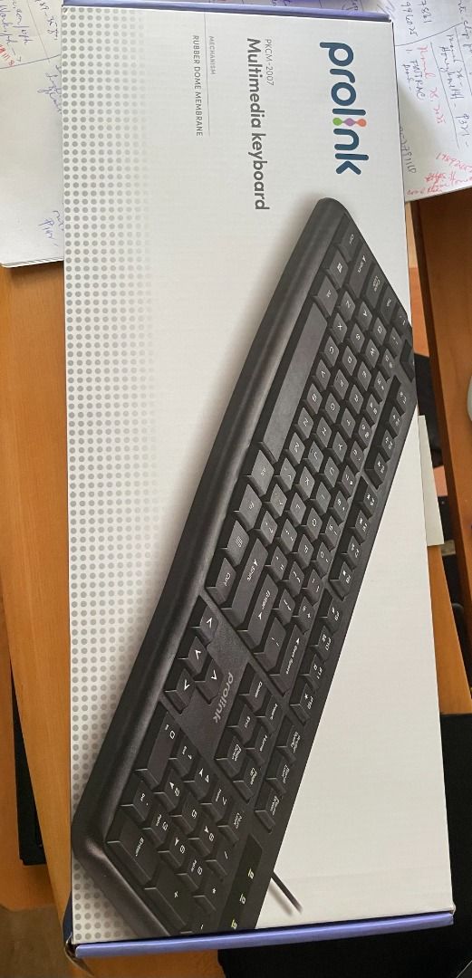 Prolink Desktop Keyboard (Category: Computer Keyboard) located in Pasig City. Submitted by didi.0514 (Listing ID 1362250179, Image 2). Description: Bought last month, with box, plastic cover, brochure, and receipt. Prolink Multimedia keyboard (PKCM-2007) - with Cord Mechanism - Rubber Dome Membrane NOTE: Bought from Office Warehouse and tested. It's functioning well. The brand is PROLINK..