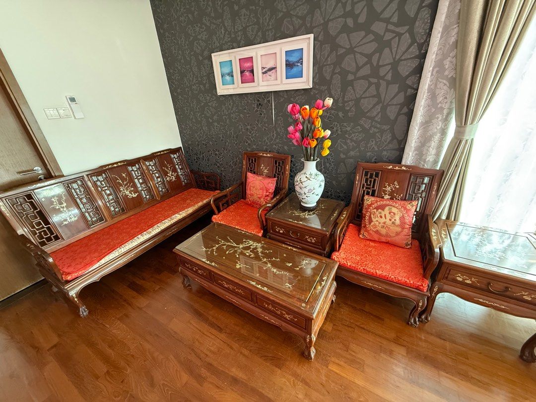 Solid wood sofa (Category: Sofas) located in Singapore. Submitted by sunflower0801 (Listing ID 1362263131, Image 1). Description: Selling only because there’s a change in house layout and this sofa set can longer fit. Well maintained and can still use for many years. .