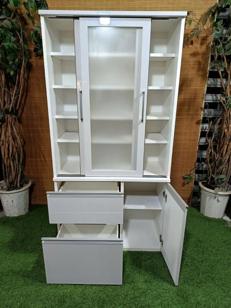 😍 TEAM WHITE PASOK!! SUPER KINIS!! 😍 White Kitchen Pantry Cabinet with Drawers Sliding Frosted Glass Doors Adjustable Shelves 35L x 17W x 69H inches In VERY good condition (Category: Shelves, Cabinets & Racks) located in Manila. Submitted by eloizavill76462 (Listing ID 1362444742, Image 2). Description: White Kitchen Pantry Cabinet with Drawers Sliding Frosted Glass Doors Adjustable Shelves 35L x 17W x 69H inches In VERY good condition.