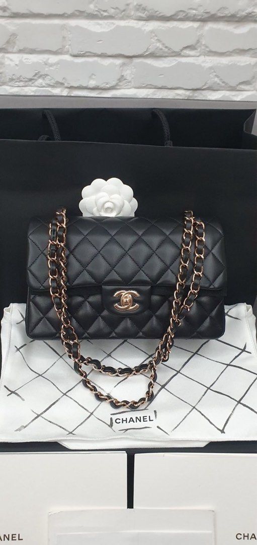 AUTHENTIC CHANEL SMALL FLAP (Category: Luxury Bags & Wallets) located in Quezon City. Submitted by abbynf (Listing ID 1362448973, Image 2). Description: Microchipped. Never been used. Plastic still intact. Rosegold hardware.