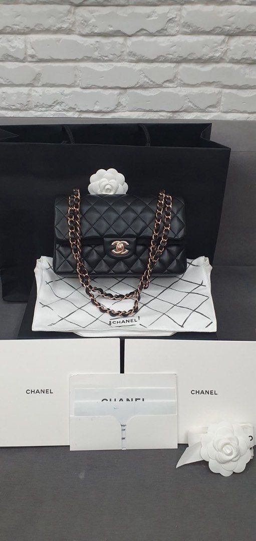 AUTHENTIC CHANEL SMALL FLAP (Category: Luxury Bags & Wallets) located in Quezon City. Submitted by abbynf (Listing ID 1362448973, Image 1). Description: Microchipped. Never been used. Plastic still intact. Rosegold hardware.