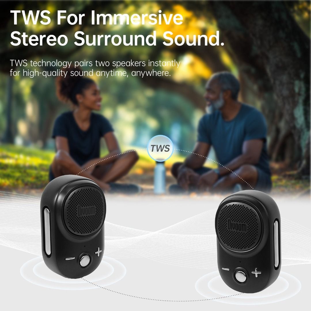 Divoom Itour-S Portable Bluetooth Speaker (Category: Soundbars, Speakers & Amplifiers) located in Singapore. Submitted by minisq (Listing ID 1362404613, Image 3). Description: Bluetooth 5.3 & TWS Pairing Enjoy stable, fast connections with Bluetooth 5.3 and pair two speakers via TWS for immersive sound. Clip-on Design & Hands-Free Calling Securely attach the speaker with the metal clip and take hands-free calls while on the go. Compact & Loud Sou