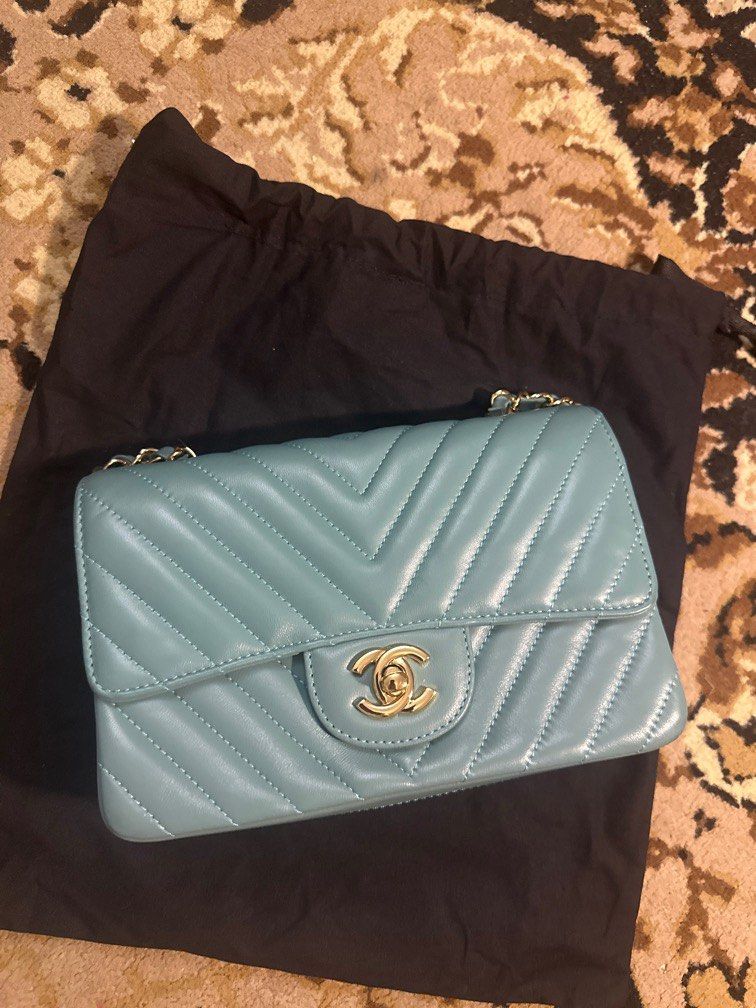 Glamorous Chevron Mini horizontal Teal (Category: Luxury Bags & Wallets) located in San Juan City. Submitted by angieanghelita (Listing ID 1362420712, Image 1). Description: Chanel classic mini rectangular flap bag (chevron design and gold hw) Perfect size. In perfect mint condition Height 13 cm Width 20cm Depth 6.5 cm This was a gift to me and used only once. I cant guarantee its authenticity because it was just given to me as a gift. But I can 