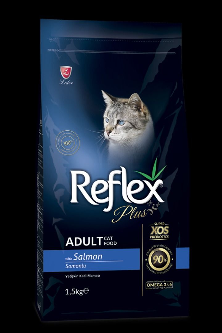 Reflex Plus Adult Cat Food with Salmon - 1.5kg (Category: Pet Food) located in Singapore. Submitted by iagcorrine (Listing ID 1362427135, Image 1). Description: Reflex Plus Adult Cat Food with Salmon is a super premium cat food formulated for all cat breeds over 12 months old. It features a delicious salmon flavor that appeals to cats' taste buds and is rich in vitamins, minerals, prebiotics, and antioxidants for a complete and balanced diet. Ing