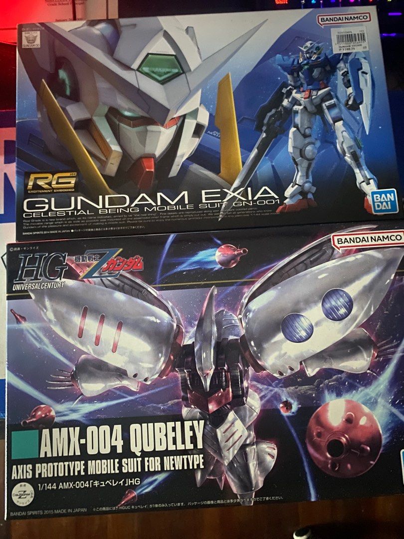 Gunpla Kits (Category: Gundam & Model Kits) located in Malabon City. Submitted by dragaplush (Listing ID 1362535904, Image 1). Description: Selling my unbuilt kits. RG Exia - P1,800 HG Qubeley - P1,000 All runners are sealed and box opened only for inspection. RFS: Don’t have time anymore to build them 🥹.