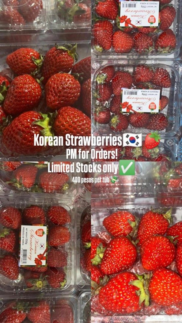 Korean Strawberries (Category: Fresh Produce) located in Imus. Submitted by shaniel.alcantara-96985 (Listing ID 1362587503, Image 1). Description: Sweet, Juicy, and Oh-So-Irresistible! Get your hands on our Fresh Korean Strawberries🍓✨ — bursting with natural sweetness and packed with flavor! Only ₱400💸 for 250g of pure berry bliss! Perfect for snacking, desserts, or gifting yourself a little luxury! Limited stocks only — grab yours now! #Korean