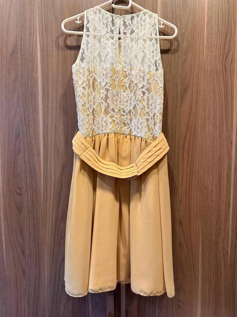 Lace yellow dress (Category: Dresses) located in Marikina City. Submitted by samndbx (Listing ID 1362501720, Image 2). Description: Custom-made knee-length / slightly above the knee cocktail dress Approx measurement: Bust area width: 42cm Waist width: 35-36cm Length: 94cm.