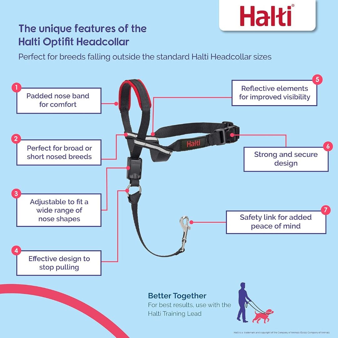 (M) HALTI Optifit Headcollar Size Medium, Bestselling Dog Head Harness to Stop Pulling on the Lead, Easy to Use, Adjustable & Reflective Head Collar for Dogs, Professional Anti-Pull Training Aid (Category: Homes & Other Pet Accessories) located in Singapore. Submitted by dealshark.com (Listing ID 1362554774, Image 3). Description: STOP PULLING - Train your dog to stop pulling on walks with the world-famous HALTI OptiFit Headcollar. Neoprene-padde