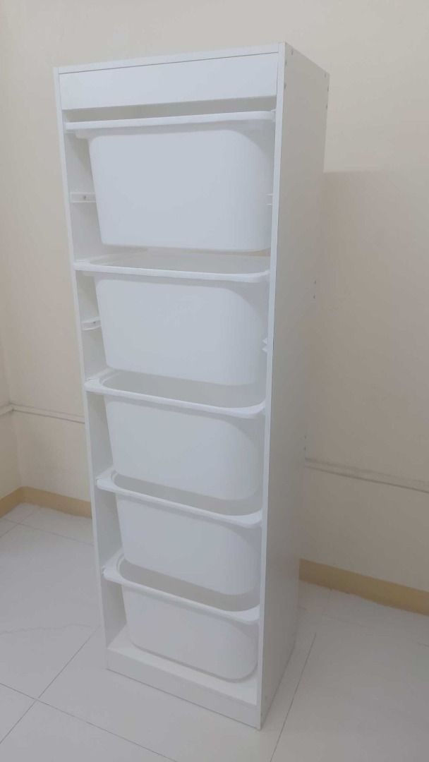 multipurpose Single Vertical Trofast Shelf with Trays (Category: Storage Boxes & Baskets) located in Quezon City. Submitted by zttrendshoppe (Listing ID 1362548510, Image 2). Description: Shelf Size: 46*30*145cm LWH Color: White Material: Imported MDF Wood Free PP Plastic Trays.