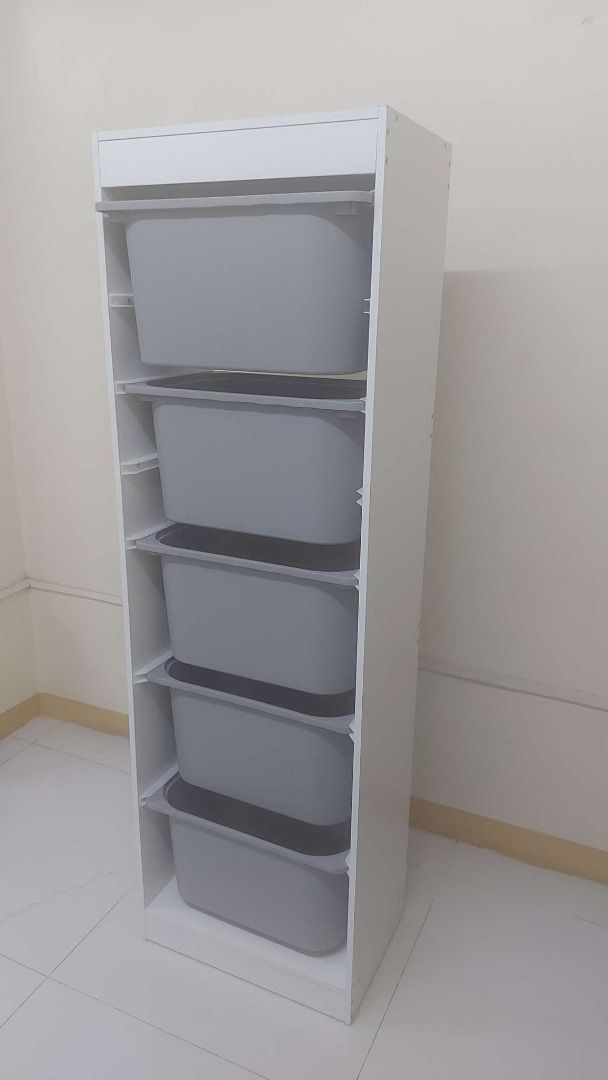 multipurpose Single Vertical Trofast Shelf with Trays (Category: Storage Boxes & Baskets) located in Quezon City. Submitted by zttrendshoppe (Listing ID 1362548510, Image 3). Description: Shelf Size: 46*30*145cm LWH Color: White Material: Imported MDF Wood Free PP Plastic Trays.