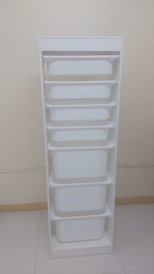multipurpose Single Vertical Trofast Shelf with Trays (Category: Storage Boxes & Baskets) located in Quezon City. Submitted by zttrendshoppe (Listing ID 1362548510, Image 1). Description: Shelf Size: 46*30*145cm LWH Color: White Material: Imported MDF Wood Free PP Plastic Trays.