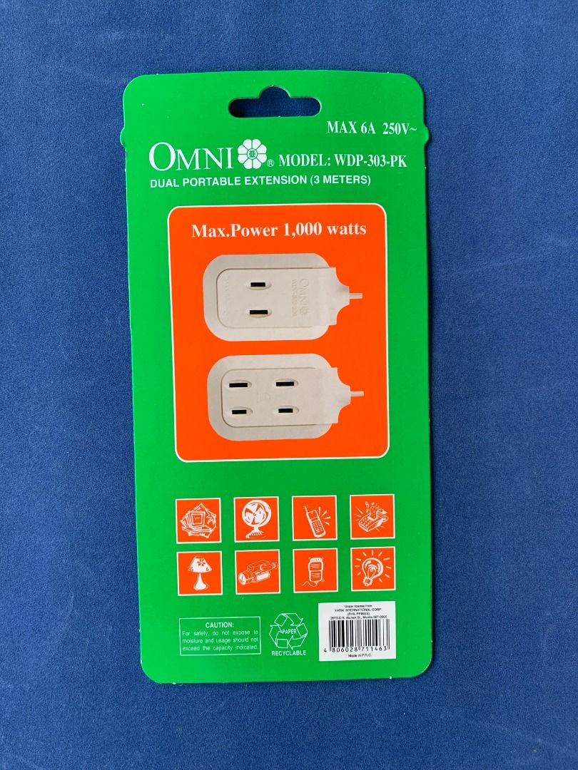 OMNI WDP-303-PK (Category: Electrical, Adaptors & Sockets) located in Imus. Submitted by shining_lights_ (Listing ID 1362578928, Image 2). Description: OMNI Dual Portable Extension Cord Set 3 Meter Wire 1,000W 6A 250V.