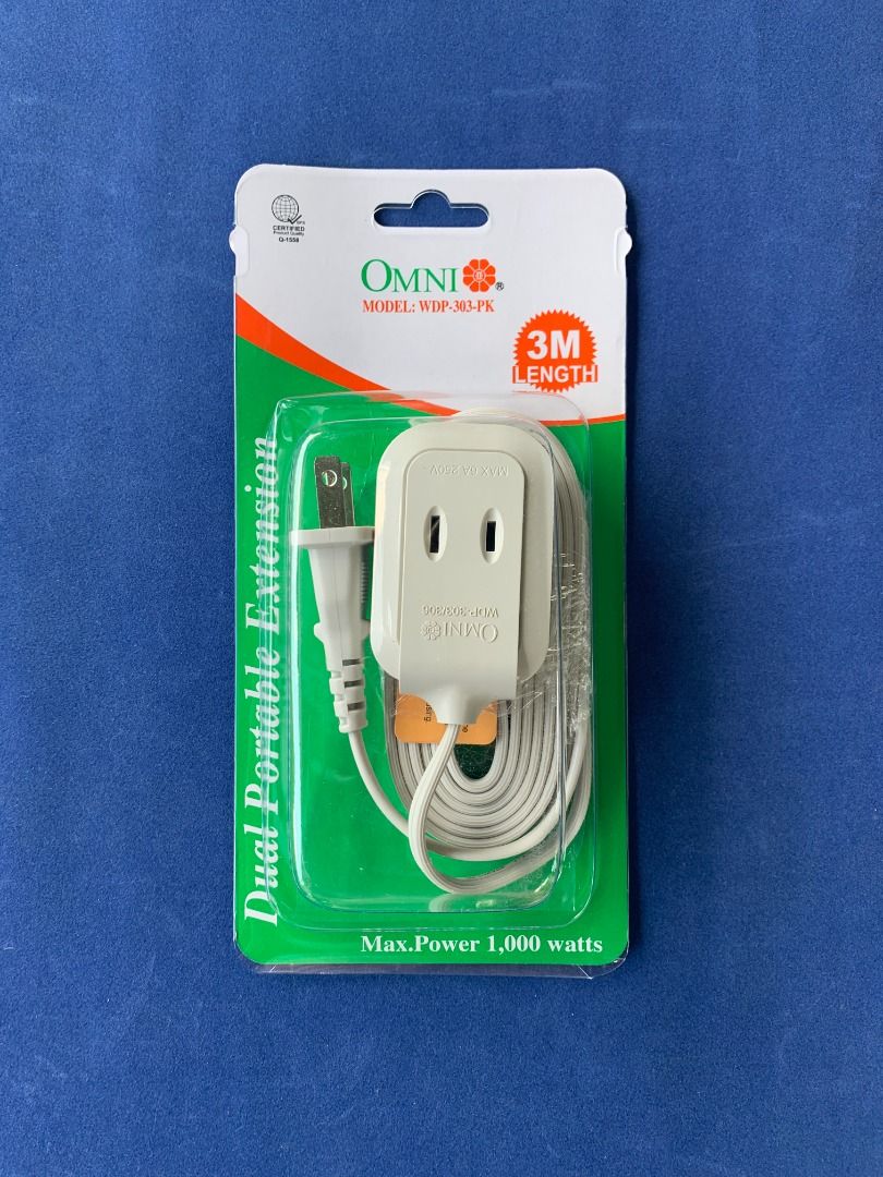 OMNI WDP-303-PK (Category: Electrical, Adaptors & Sockets) located in Imus. Submitted by shining_lights_ (Listing ID 1362578928, Image 1). Description: OMNI Dual Portable Extension Cord Set 3 Meter Wire 1,000W 6A 250V.