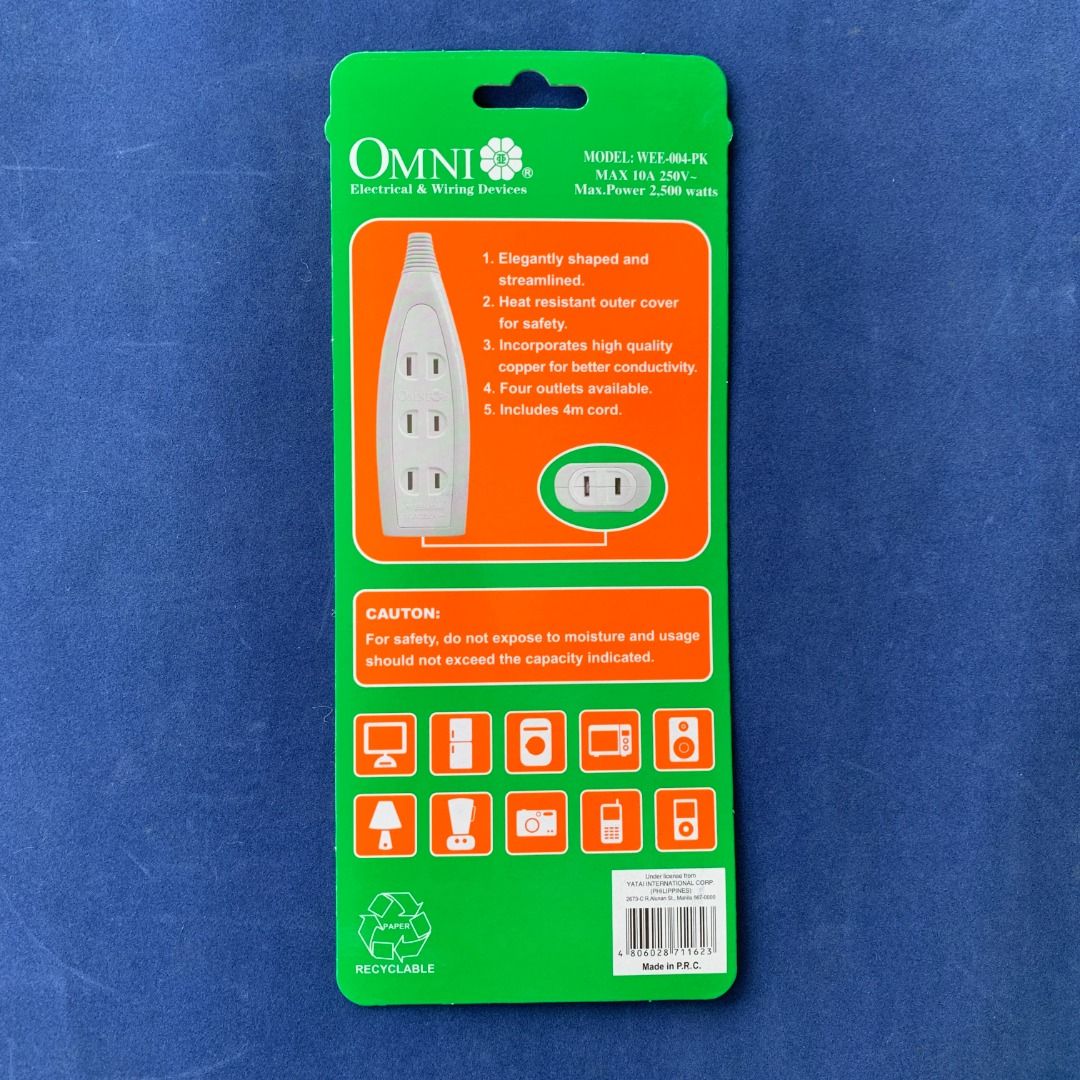 OMNI WEE-004-PK (Category: Electrical, Adaptors & Sockets) located in Imus. Submitted by shining_lights_ (Listing ID 1362580547, Image 2). Description: OMNI Extension Cord Set 4-Gang Meter Wire 2,000W 10A 250V.