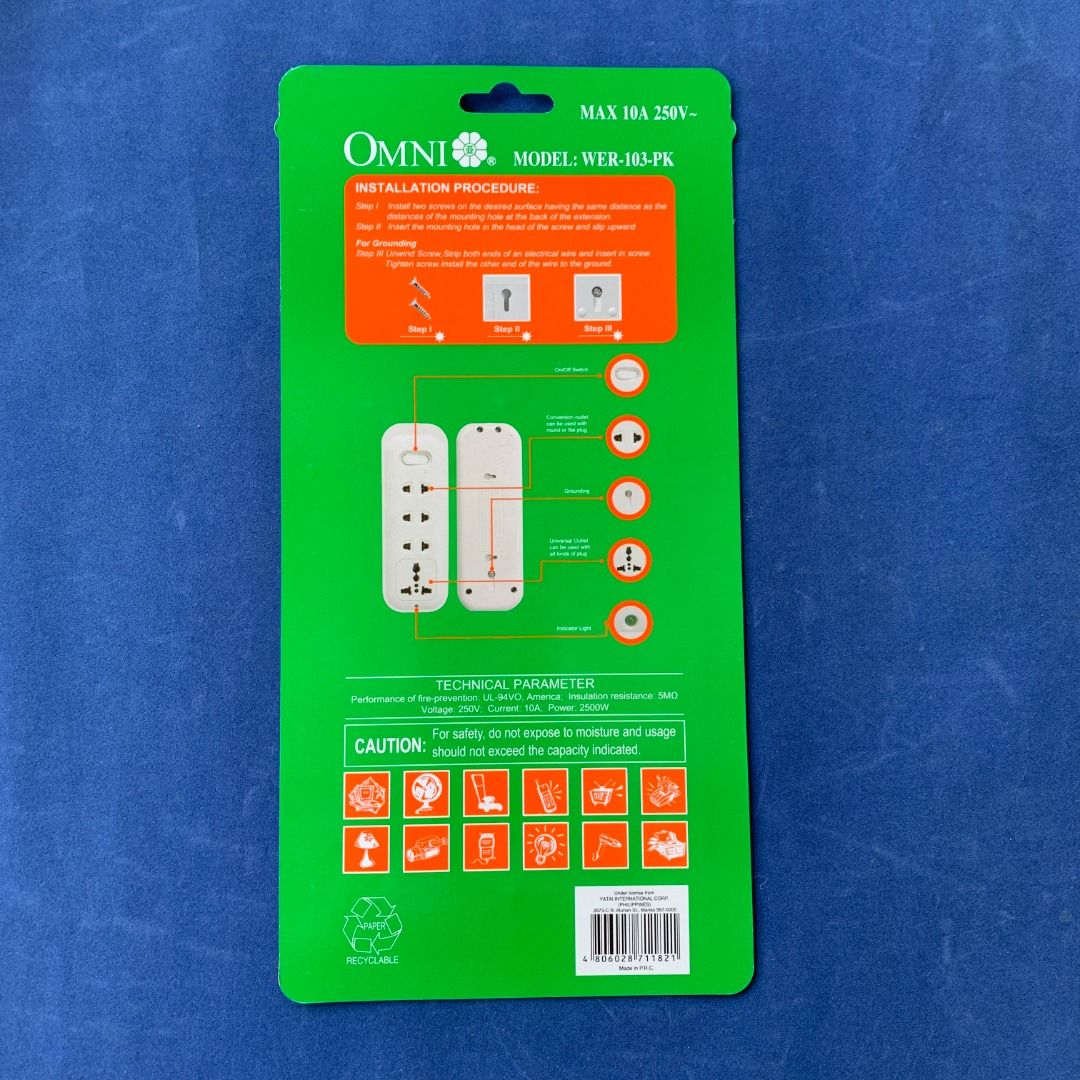 OMNI WER-103-PK (Category: Electrical, Adaptors & Sockets) located in Imus. Submitted by shining_lights_ (Listing ID 1362581024, Image 2). Description: OMNI Extension Cord Set w/ Universal Outlet & Switch 2,500W 10A 250V Cord Length:2m.