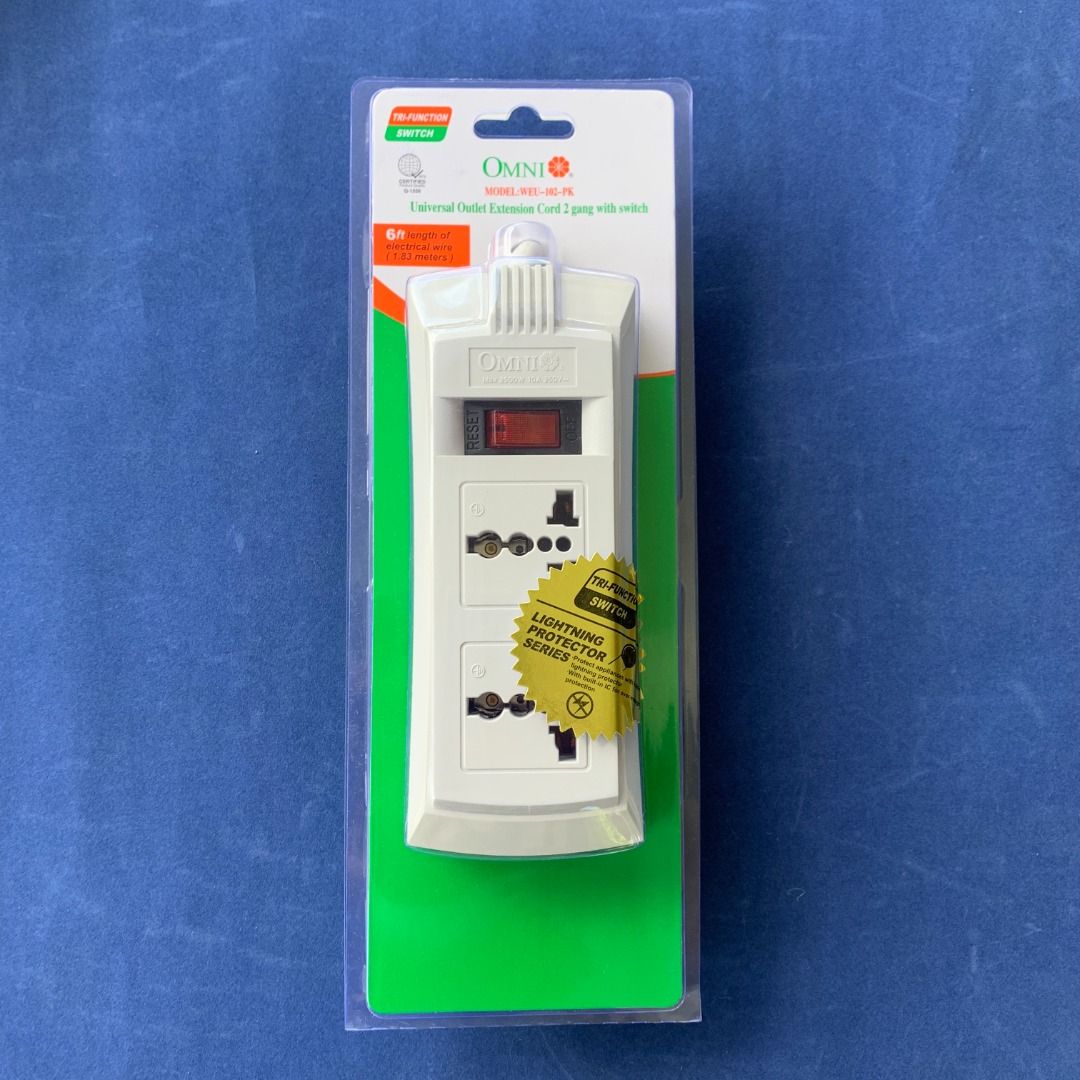 OMNI WEU-102-PK (Category: Electrical, Adaptors & Sockets) located in Imus. Submitted by shining_lights_ (Listing ID 1362581454, Image 1). Description: OMNI Universal Outlet Extension Cord 2-Gang with Switch 1.83 Meter Cord Length 2,500W 10A 250V *SURGE (LIGHTNING) PROTECTION *BUILT-IN SAFETY BREAKER.