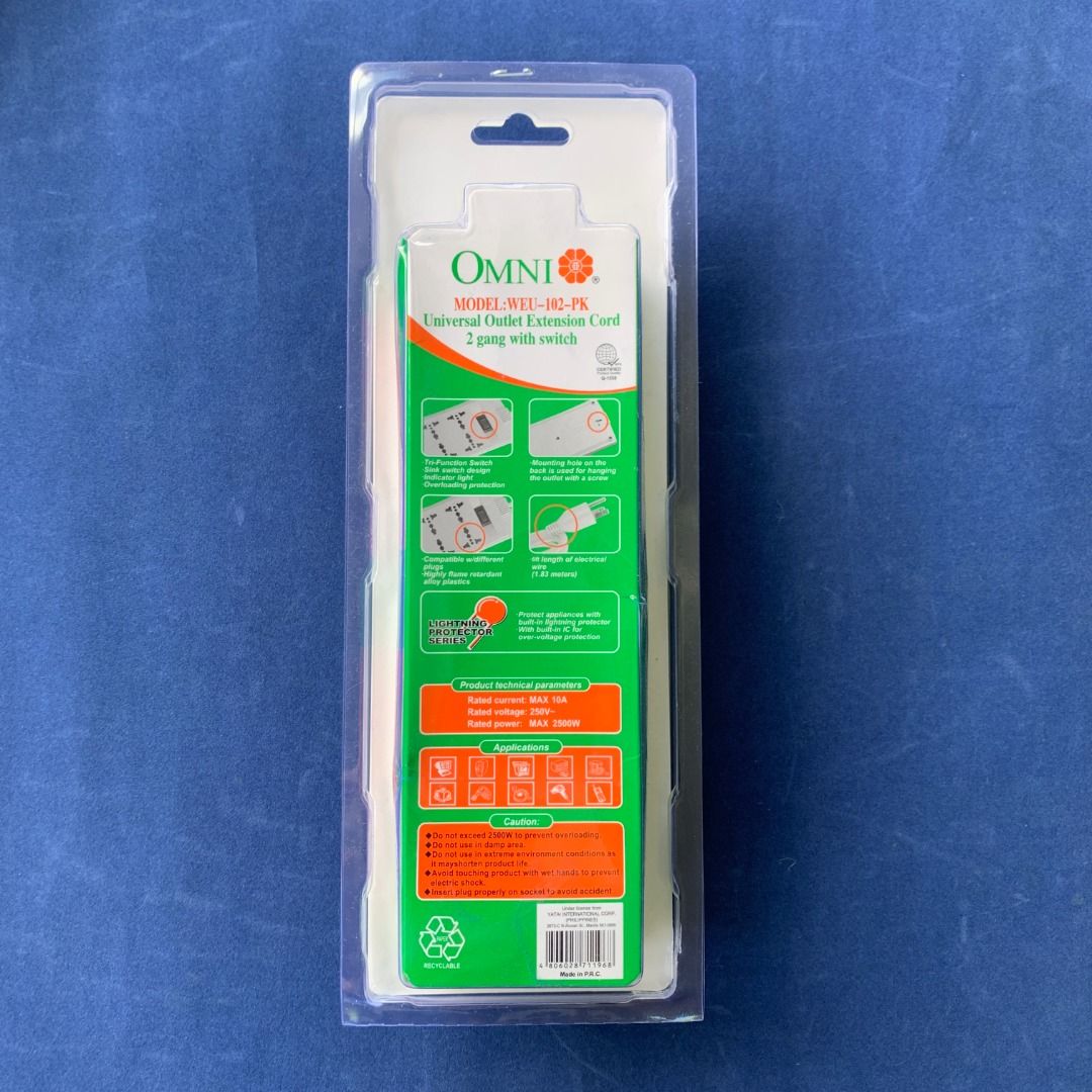 OMNI WEU-102-PK (Category: Electrical, Adaptors & Sockets) located in Imus. Submitted by shining_lights_ (Listing ID 1362581454, Image 2). Description: OMNI Universal Outlet Extension Cord 2-Gang with Switch 1.83 Meter Cord Length 2,500W 10A 250V *SURGE (LIGHTNING) PROTECTION *BUILT-IN SAFETY BREAKER.