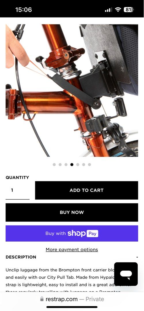 Pull Tab (Category: Parts & Accessories) located in Singapore. Submitted by alwaysriding (Listing ID 1362542353, Image 2). Description: Restrap (UK) City Pull Tab Unclip bags for Brompton front carrier block quickly and easily. Made of Hypalon material, lightweight. Includes M5 fixing nut and bolt. Price per set is $15.00, if purchase 2 sets price $28.00 Low ball will not be entertained. .