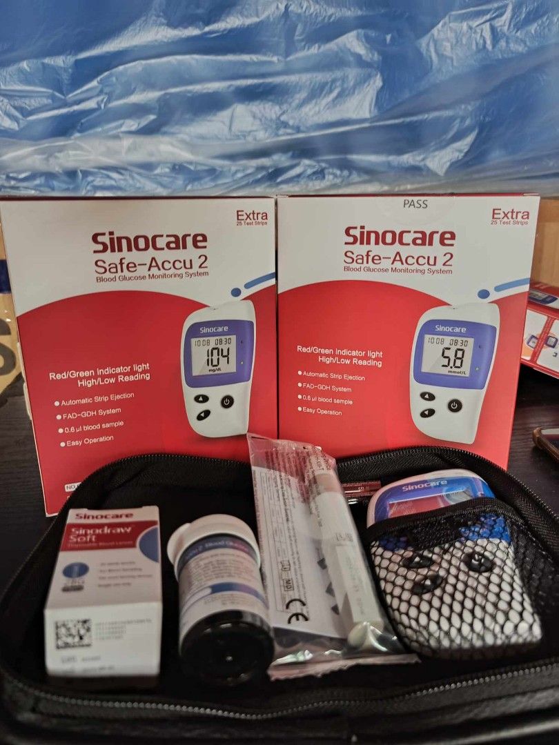 Sinocare glucometer set (Category: Health Monitors & Weighing Scales) located in Quezon City. Submitted by medicsupplies_09 (Listing ID 1362627132, Image 2). Description: brand new items. shipping via lalamove. COD or gcash payments. same day deliver. set inludes machine, lancing device, 25 pcs strips and 25 pcs lancets.