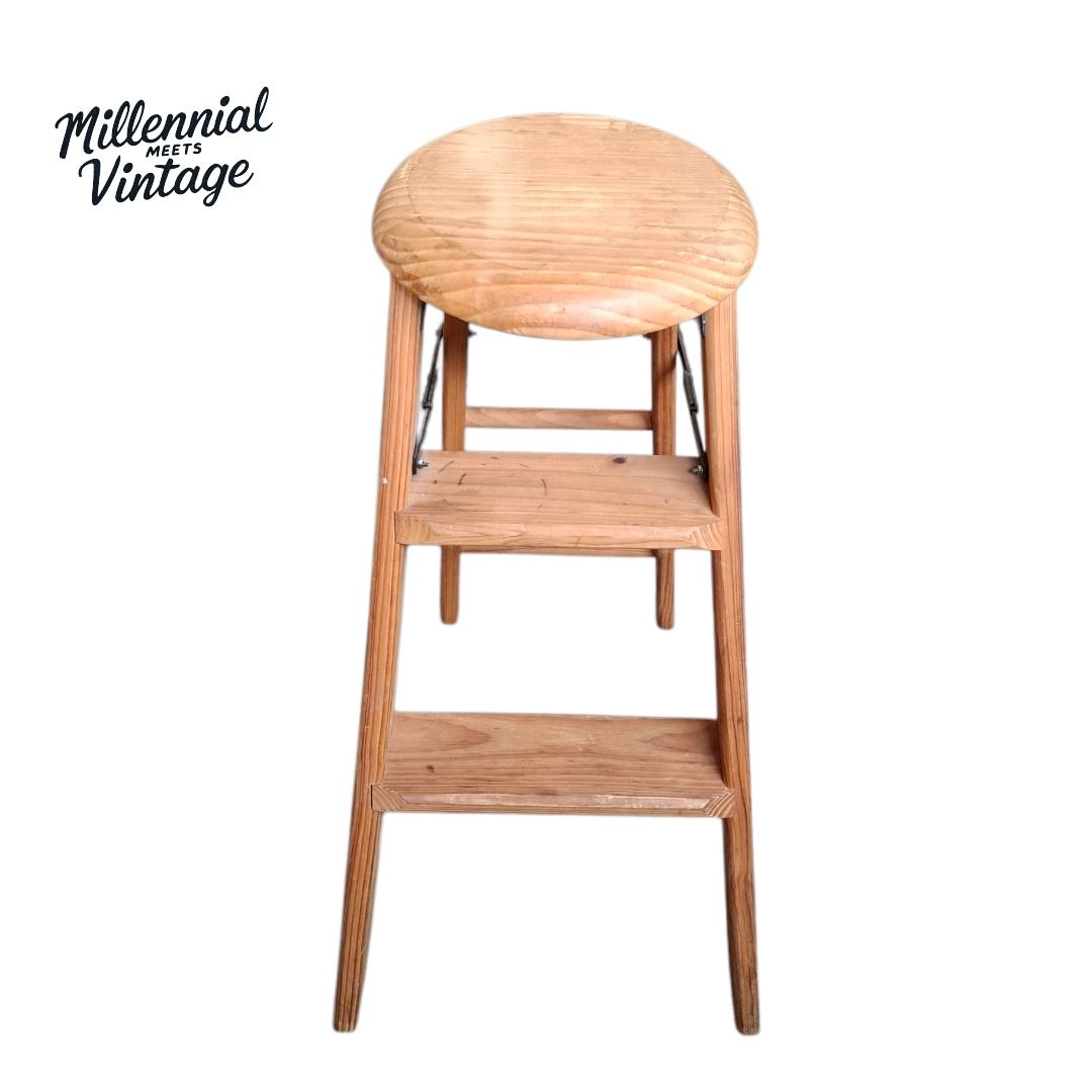 Vintage Solid wood round 3 step stool ladder rustic farmhouse shabby ...