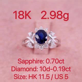 18K white gold sapphire 0.70ct&diamond 0.19ct ring #11.5 2.98g  藍寶70份&伴石共19份 藍寶鑽石戒指 11號半圈64204784695682110