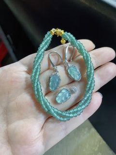 天然A玉翡翠銀鑲冰種圓珠手鍊葉子吊墜耳墜套裝送銀鏈64221546652419110