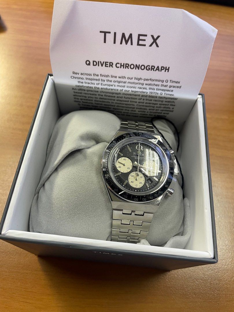 FS: Timex Q Chronograph Black Dial Reverse Panda Steel Band Bracelet (Category: Watches) located in Singapore. Submitted by ender26 (Listing ID 1362701232, Image 3). Description: S$238. The cull continues. Not even sure how I ended with this. Watch is new, unworn. Original steel bracelet unsized/ Comes w hang tags, original Timex presentation box and white outer box. Nothing else. Read this to better appreciate this watch - https://www.ablogtowat